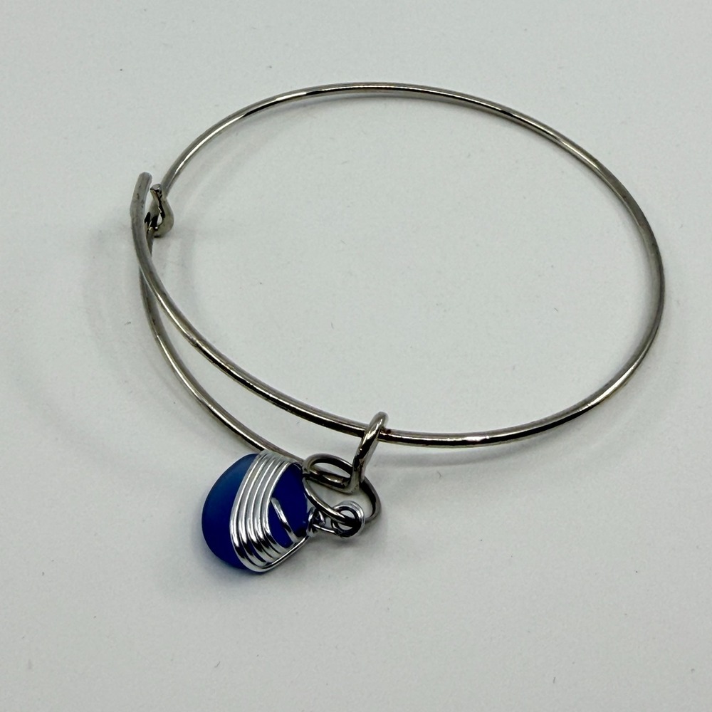 Minimalist Blue Sea Glass Bangle Bracelet - Silver Boho Jewelry Gift
